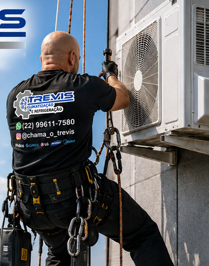 Técnico trabalhando junto a uma condensadora em altura, em imagem do material de divulgação da Trevis